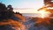 sunset sandy dunes on Baltic beach,sunset on beach ,pine trees,sun reflection on se water