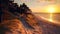 sunset sandy dunes on Baltic beach,sunset on beach ,pine trees,sun reflection on se water