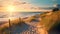 sunset sandy dunes on Baltic beach,sunset on beach ,pine trees,sun reflection on se water