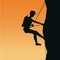 Sunset scene of black silhouette man mountain descent with harness rock climbing