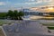 Sunset scene of flooded Tom Hanafan River`s edge park Council Bluffs Iowa