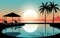 A sunset scene with lounge chairs and palm trees, AI