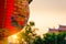 Sunset scene of red lanterns decorations hanging on chinese temple roof