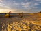 Sunset on the sea beach, boats on the sand