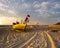 Sunset on the sea beach, boats on the sand