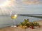 sunset at sea glass of wine with sunshine flare and Autumn leaves yellow with rose hip red berry still life on stone blue sky pin