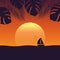 Sunset at sea with yacht marine nature landscape with sailboat and palm