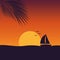 Sunset at sea with yacht marine nature landscape with sailboat and palm leaf