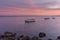 Sunset seascape view of Olhao dockyard, waterfront to Ria Formosa. Algarve