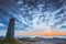 Sunset, seaside, blue sky, dusk, lighthouse, scenery,