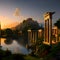 Sunset Serenity in an Old Town with Elegant Columns
