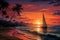 Sunset serenity, Palm-lined beach, yacht on horizon captured in tranquil vector illustration