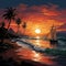 Sunset serenity, Palm-lined beach, yacht on horizon captured in tranquil vector illustration