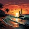 Sunset serenity, Palm-lined beach, yacht on horizon captured in tranquil vector illustration