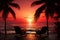 Sunset serenity Palm tree silhouette graces a beautiful tropical beach