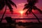 Sunset serenity Palm tree silhouette graces a beautiful tropical beach