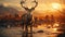 Sunset silhouette majestic stag grazes in tranquil winter meadow generated by AI