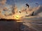 Sunset at Sisal beach in Yucatan Mexico with seagulls in backlight representing tranquility, calm, peace and serenity