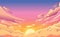 Sunset sky. Cartoon summer sunrise with pink clouds and sunshine, evening cloudy heaven panorama. Morning vector