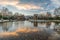 Sunset sky clouds reflections at Templo de Debod Debod Temple downtown Madrid. Egyptian temple dedicated to the goddess Isis