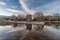 Sunset sky clouds reflections at Templo de Debod Debod Temple downtown Madrid. Egyptian temple dedicated to the goddess Isis