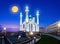 Sunset sky night Kul Sharif Mosque islam with moon and Kremlin Kazan. Concept Travel Beautiful Russia