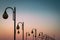 Sunset sky over a row of street lamps.