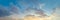 Sunset sky panorama. Blue sky with clouds and sun, beautiful landscape panorama skyline background