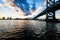 sunset skyline of philadelphia pennsylvania from camden new jersey with benjamin franklin bridge