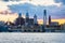 sunset skyline of philadelphia pennsylvania from camden new jersey with benjamin franklin bridge