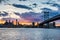 sunset skyline of philadelphia pennsylvania from camden new jersey with benjamin franklin bridge