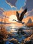 Sunset Soar: Majestic Goose Over Serene Lake Landscape.
