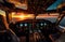 Sunset soaring, Cockpit view of a modern airplane in flight with the pilot at work, generative Ai
