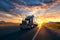 Sunset Speed: Big Rig Truck Racing on Open Road Wallpaper and Design, Generative AI