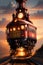A Sunset Station Built in the Style of Locomotives Amidst Clouds, Mountains, and Rails. AI generated