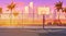 Sunset street basketball court, cityscape skyline