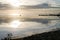 Sunset summer day on sandy beach Biscarrosse lake in France