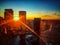 Sunset sunbeams seen from up high over Chicago cityscape