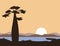 Sunset or sunrise in Africa. Baobab and the lake. Vector landscape. Illustration can be used in brochures, postcards