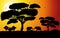 Sunset or Sunrise in Africa with the silhouettes of trees, grass, flying birds, elephants, national home and native. The beautiful