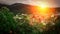 The sunset or sunrise , beautiful landscape, rice fields autumn near the village in the mountains, ukrainian carpathian mountains