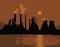 Sunset or sunrise over the city. orange light. Pipe smoke. Nuclear power plant, heating plant. Vector.