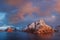 Sunset or sunrise panoramic view on stunning mountains in Lofoten islands, Norway, Mountain coast landscape, Arctic circle.