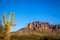 Sunset and the Superstition Mountains at sunset in Arizona.