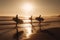 Sunset surf team: silhouettes of surfers on beach at sunset, love of extreme sports.generative ai