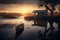 Sunset swamp scene with shack and boat, AI Generative