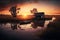 Sunset swamp scene with shack and boat, AI Generative