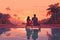 sunset swimming couple relax travel pool back romantic vacation honeymoon. Generative AI.