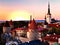 Sunset Tallinn old town  panorama, medieval red roofs towers at evening  visit   Estonia travel to Europe