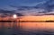 Sunset Tallinn . Old town Panorama starry night and moon on sky,summer night seascape city light reflexion on water in harbor ,B